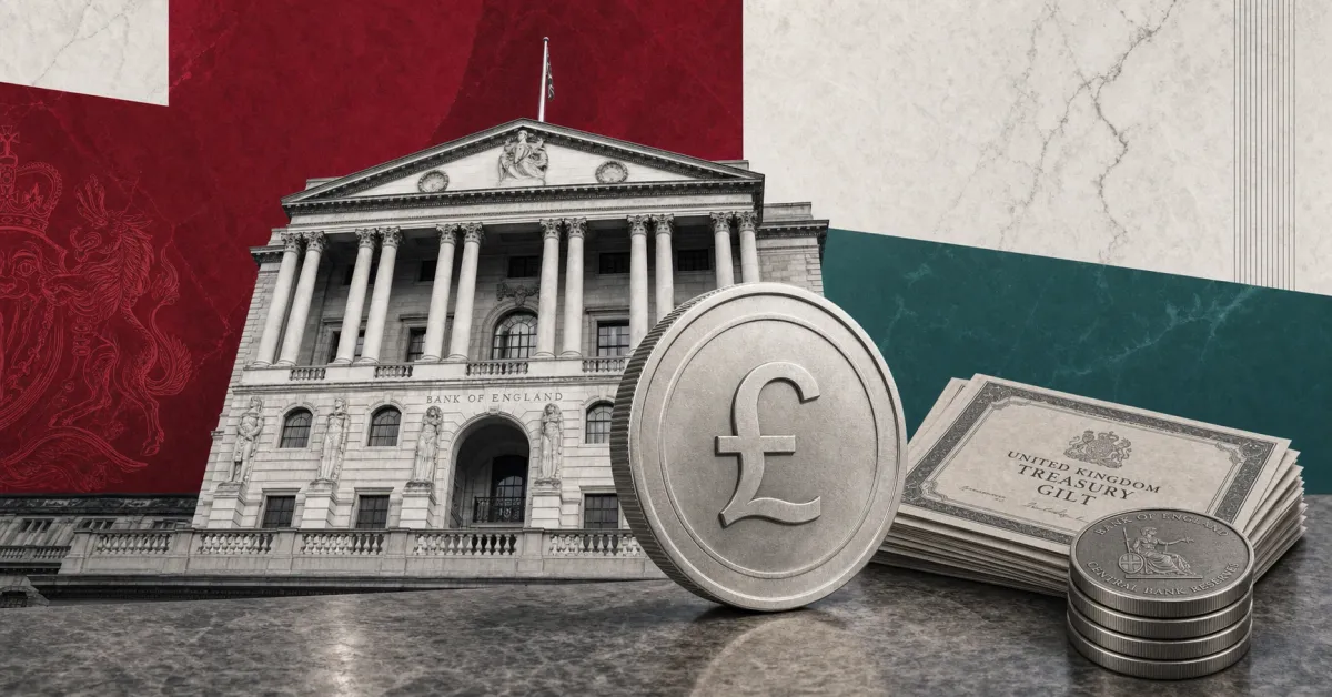 Greyscale Bank of England facade beside a sterling stablecoin, UK Treasury gilts and central bank reserve coins on red and teal editorial panels.