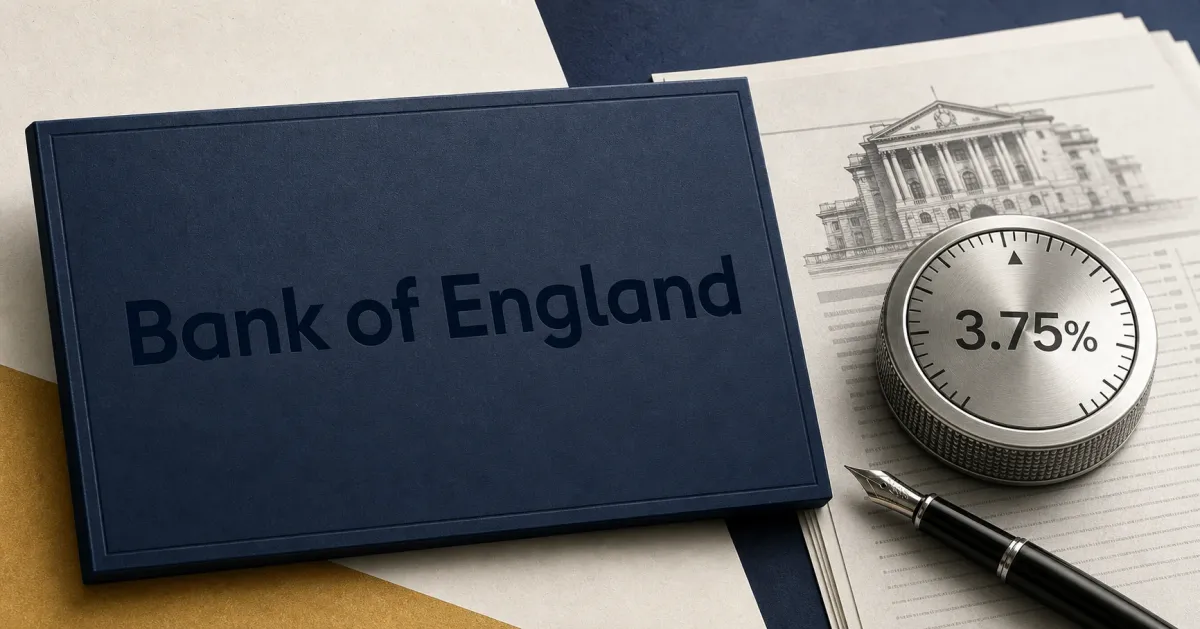 Official Bank of England wordmark, large and unobstructed on a navy policy-document cover, beside a greyscale 3.75% interest-rate dial, minutes papers and a fountain pen.