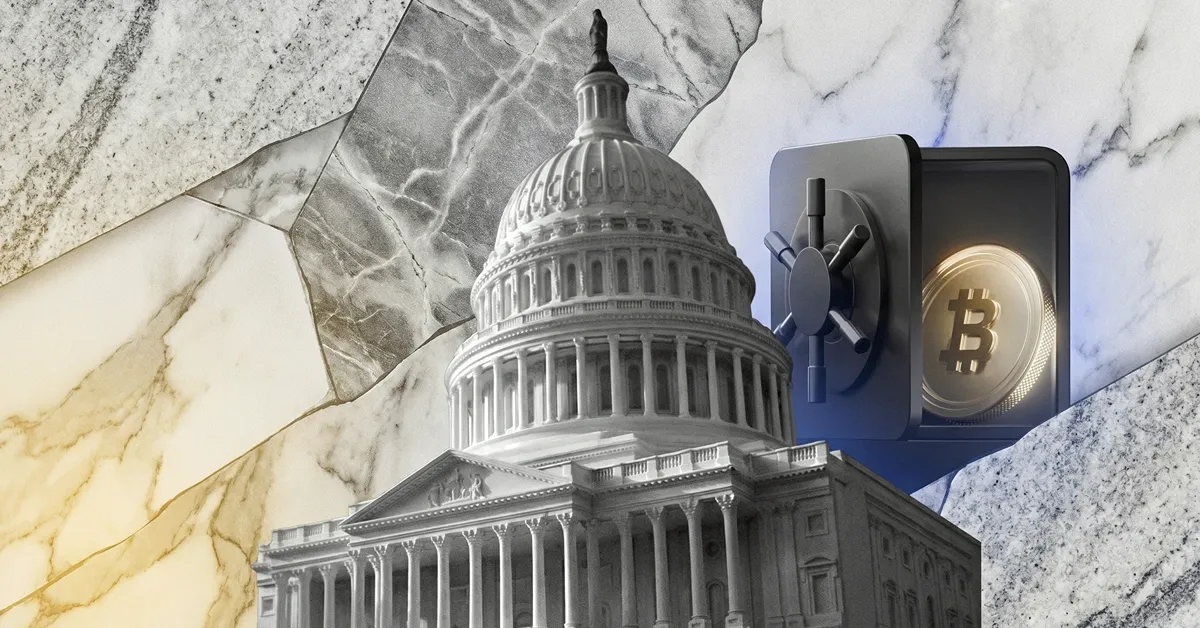 U.S. Capitol building next to a secure vault holding Bitcoin, symbolizing government control, regulation, and institutional custody of digital assets