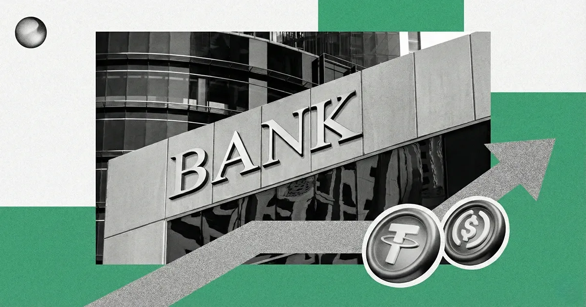 Bank building facade with upward arrow and USDC and Tether coins, showing banks moving into stablecoin yield and crypto services