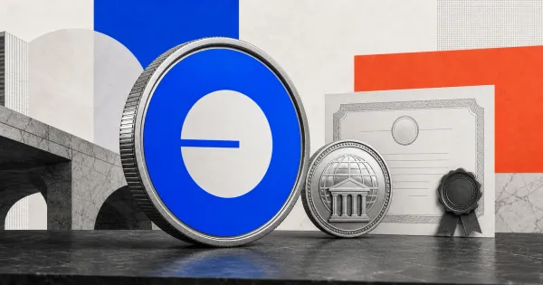 Greyscale Base logo token beside a regulated stablecoin and tokenized asset certificate on blue and coral editorial panels.