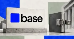 Large official Base blue square and black lowercase base wordmark on an off-white console sign beside an unbranded greyscale asset ledger with an open metal security latch, against cobalt and sage panels.