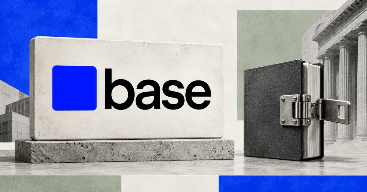 Large official Base blue square and black lowercase base wordmark on an off-white console sign beside an unbranded greyscale asset ledger with an open metal security latch, against cobalt and sage panels.