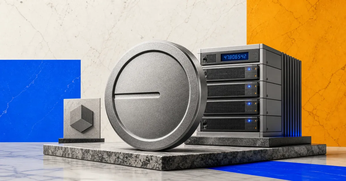 Greyscale Base logo coin beside a server rack displaying block 47806542 on blue and amber editorial panels.