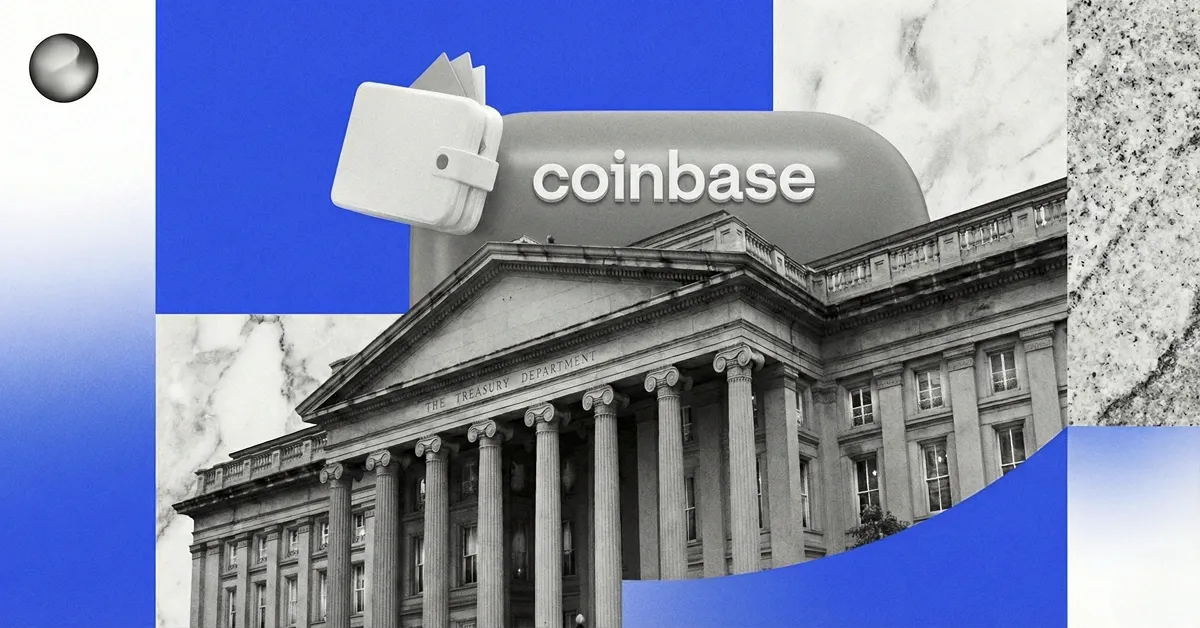 Illustration of the U.S. Treasury building with a Coinbase logo and crypto wallet icon, representing Coinbase’s relationship with U.S. regulation, government oversight, and crypto policy