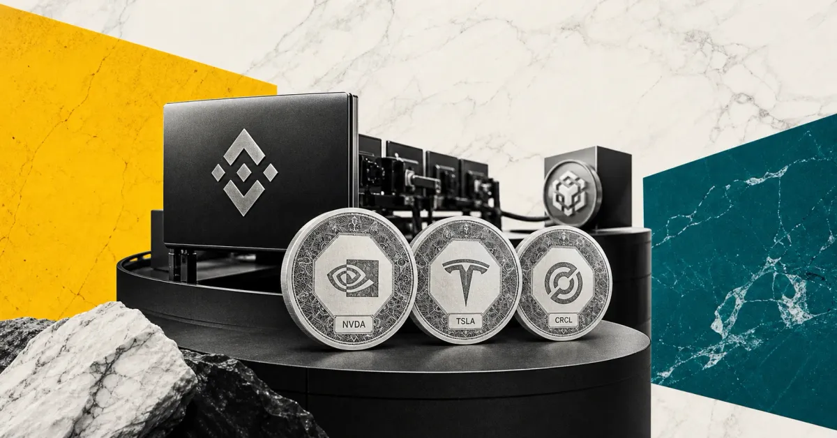 Greyscale Binance exchange desk with Nvidia, Tesla and Circle stock certificates rendered as onchain tokens over yellow and teal editorial panels.