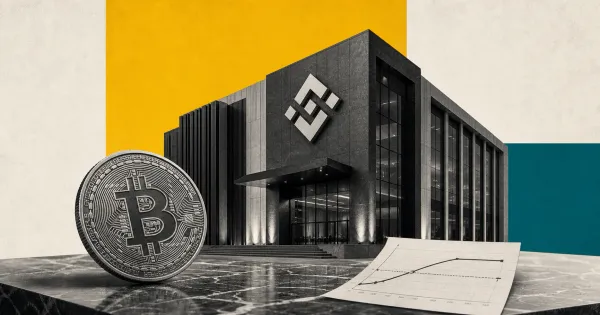 Greyscale Binance exchange building with a Bitcoin coin and covered-call payoff paper on Binance yellow and teal editorial panels.