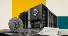 Greyscale Binance exchange building with a Bitcoin coin and covered-call payoff paper on Binance yellow and teal editorial panels.