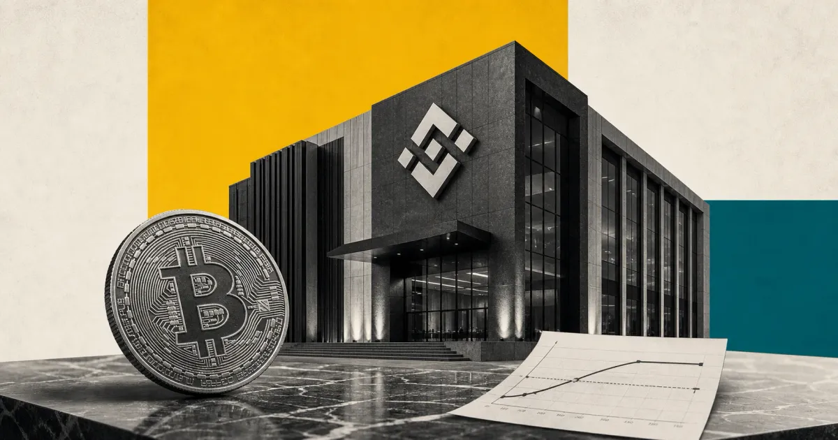 Greyscale Binance exchange building with a Bitcoin coin and covered-call payoff paper on Binance yellow and teal editorial panels.