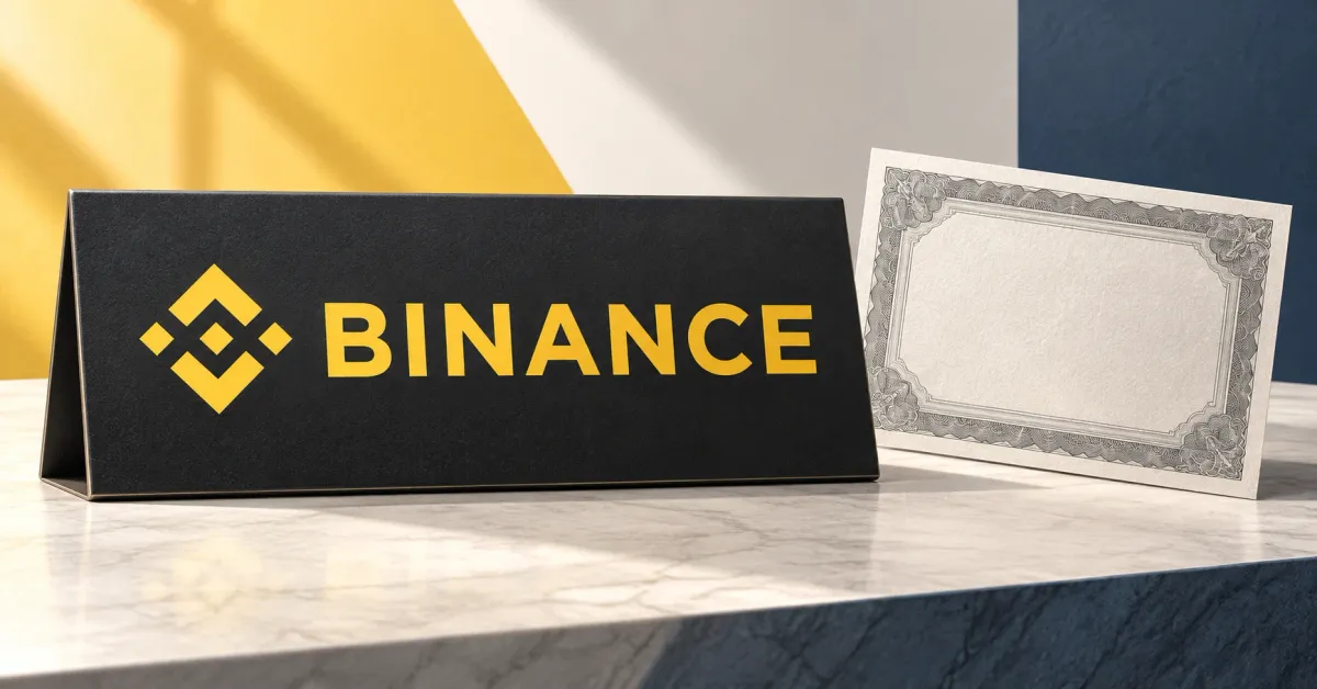 Large official yellow Binance emblem and BINANCE wordmark on a charcoal desk sign beside an unbranded greyscale share certificate, against yellow, off-white and slate-blue panels.
