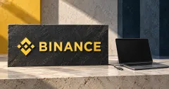 Large official yellow Binance emblem and BINANCE wordmark on a charcoal stone sign beside an unbranded greyscale laptop and disconnected cable, against yellow and blue-grey panels.