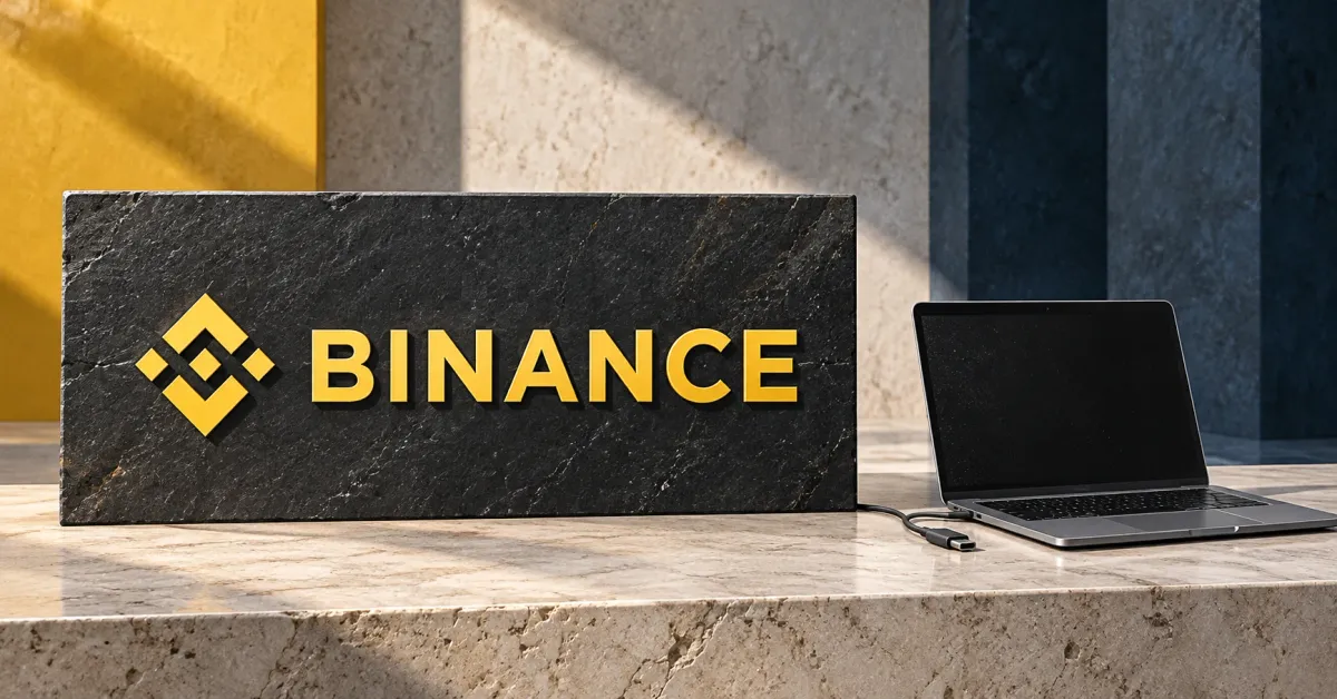 Large official yellow Binance emblem and BINANCE wordmark on a charcoal stone sign beside an unbranded greyscale laptop and disconnected cable, against yellow and blue-grey panels.