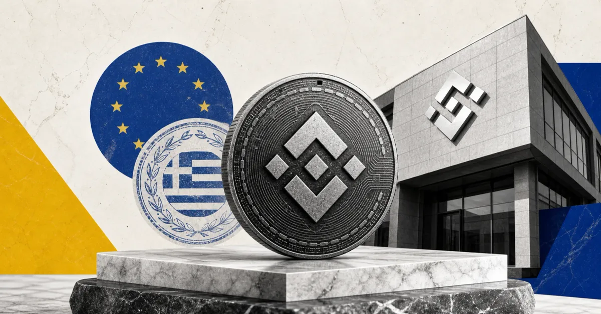 Greyscale Binance coin and exchange building with EU and Greek regulatory symbols on yellow and blue editorial panels.
