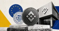 Greyscale Binance coin and exchange building with EU and Greek regulatory symbols on yellow and blue editorial panels.