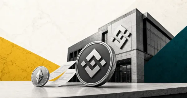 Greyscale Binance exchange building and Binance coin on a financial news desk, with an Ethereum coin and withdrawal ledger slips on yellow and teal editorial panels.