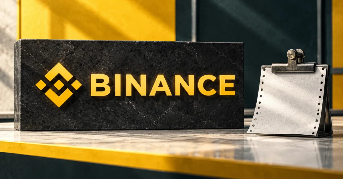 One large official yellow Binance symbol and BINANCE wordmark on a charcoal stone sign beside a smaller unbranded greyscale perforated trading ticket with a steel clip, against yellow and petrol panels.