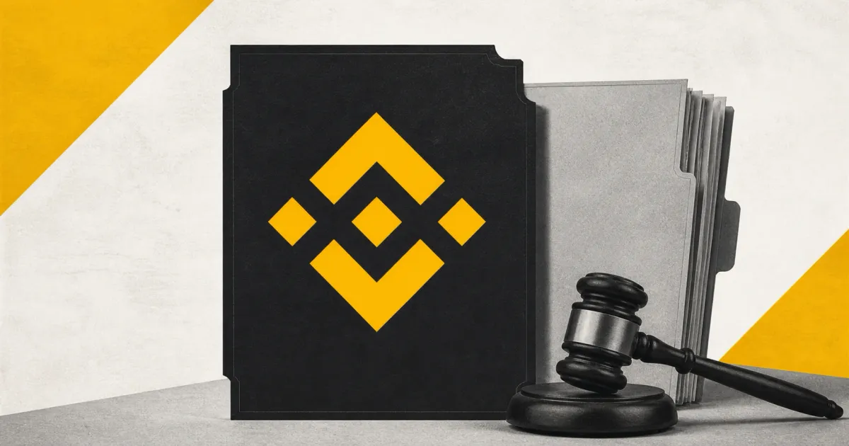 Official yellow Binance diamond logo on a large black legal-document plaque beside a greyscale court filing folder and gavel on an off-white and yellow editorial background.