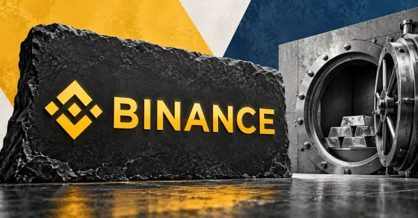 Large official yellow Binance emblem and BINANCE wordmark on charcoal stone beside an unbranded greyscale open vault containing plain metal ingots, against yellow and slate-blue panels.