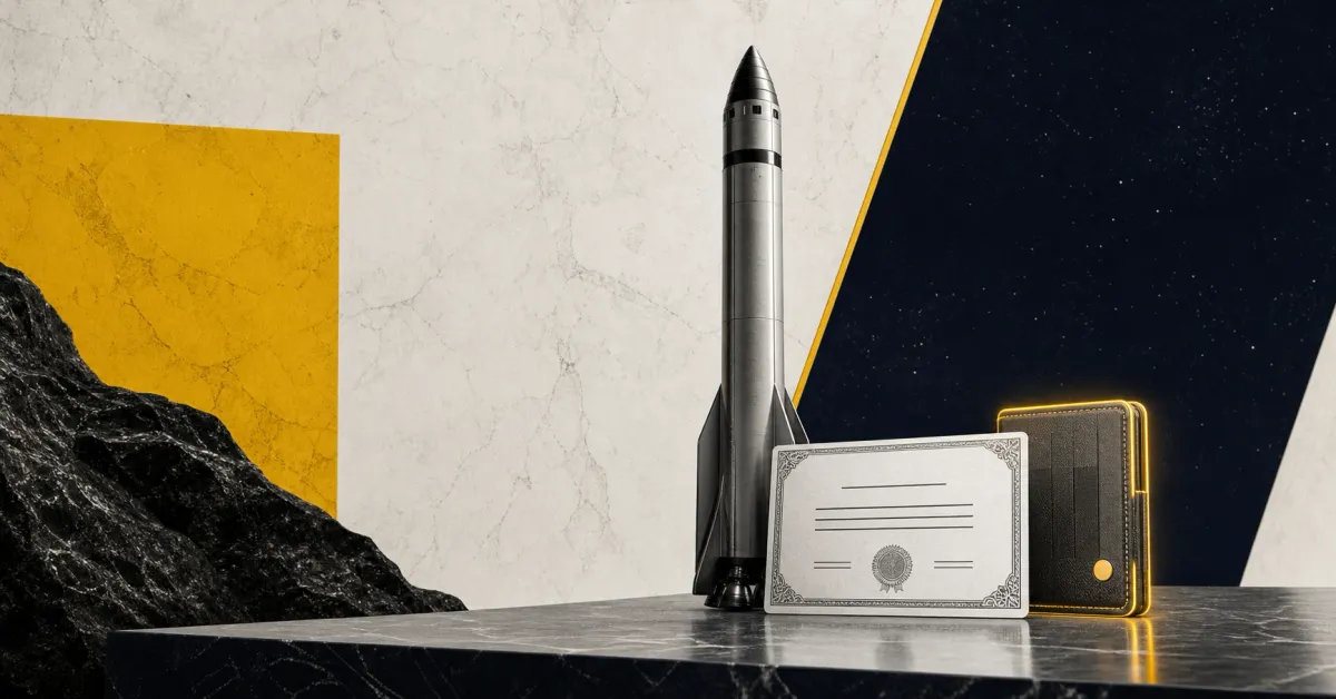 Greyscale rocket, tokenized stock certificate and crypto wallet on Binance yellow, deep navy and off-white editorial panels for SpaceX IPO access through crypto wallets