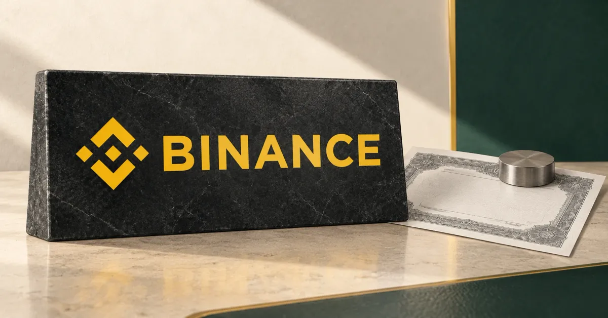 Large official yellow Binance emblem and BINANCE wordmark on a charcoal stone sign beside an unbranded greyscale stock certificate and steel paperweight, against offwhite and green panels.