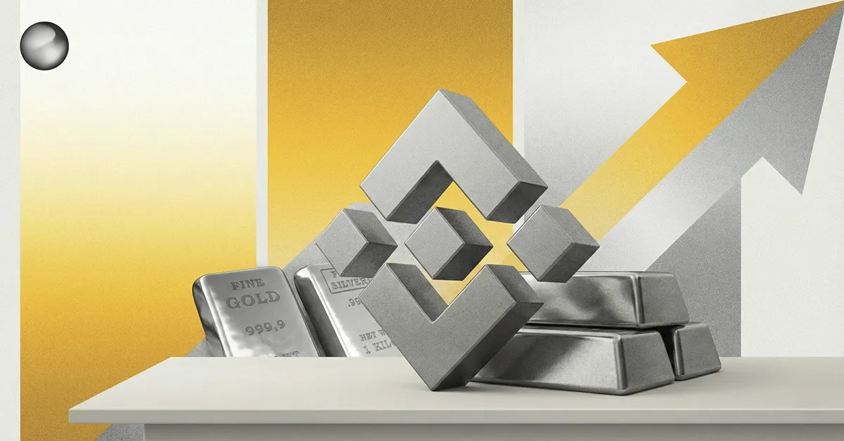 Binance logo rising above stacked gold and silver bars with an upward arrow on a yellow backdrop, illustrating Binance growth and crypto–commodities crossover