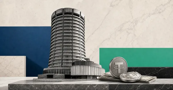 Greyscale BIS tower with dollar stablecoin tokens and Treasury reserve papers on blue, mint and off-white editorial panels.