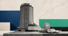Greyscale BIS tower with dollar stablecoin tokens and Treasury reserve papers on blue, mint and off-white editorial panels.