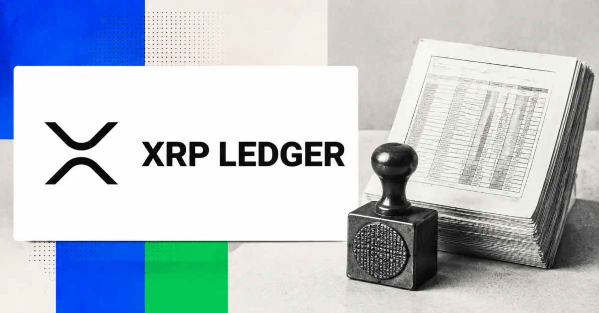 Large official black XRP Ledger wordmark on a white card beside an unbranded greyscale stack of official-statistics documents and a cryptographic seal on blue, green and off-white editorial panels.