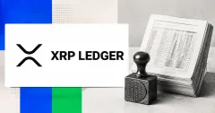Large official black XRP Ledger wordmark on a white card beside an unbranded greyscale stack of official-statistics documents and a cryptographic seal on blue, green and off-white editorial panels.