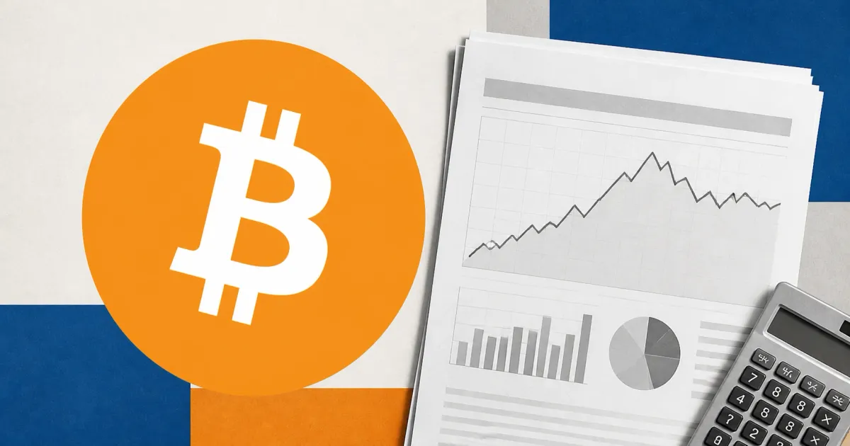 Large official orange Bitcoin B logo beside a greyscale unbranded consumer-price report, market chart and calculator on off-white, cobalt-blue and orange editorial panels.