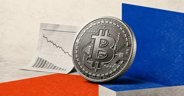Greyscale Bitcoin coin beside a descending inflation report chart on blue, orange and off-white editorial panels.