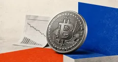 Greyscale Bitcoin coin beside a descending inflation report chart on blue, orange and off-white editorial panels.