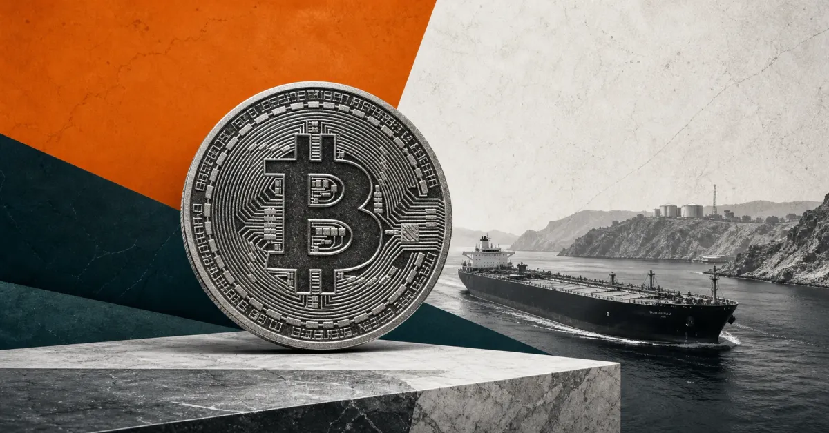 Greyscale Bitcoin coin and oil tanker in the Strait of Hormuz on burnt-orange and deep-teal editorial panels.