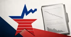 Large official U.S. Bureau of Labor Statistics red-and-blue star-and-arrow emblem beside a greyscale employment-report document with an unlabeled falling line chart on an off-white, navy and red editorial background.