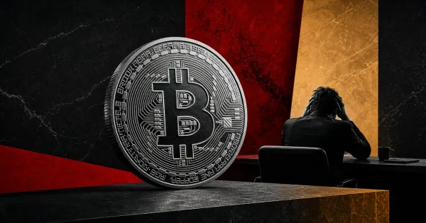 Greyscale Bitcoin coin and stressed trader silhouette over red and charcoal market panels, illustrating a crypto liquidation cascade