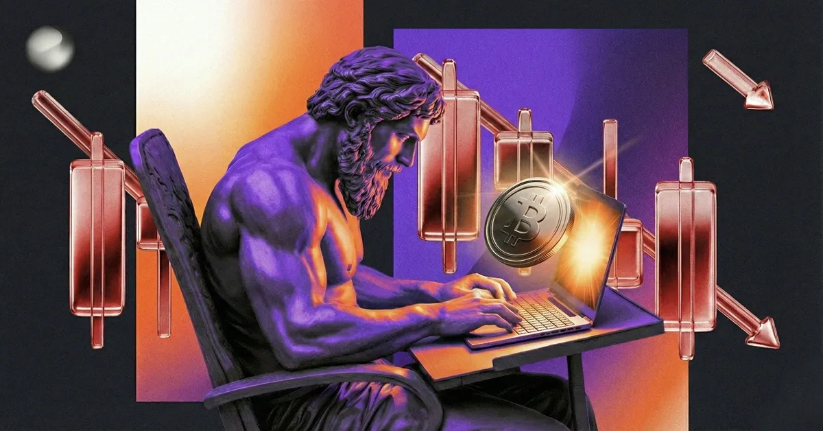 Trader statue at a laptop with a Bitcoin coin and falling candlestick charts on a purple and orange backdrop, illustrating active crypto trading during market volatility