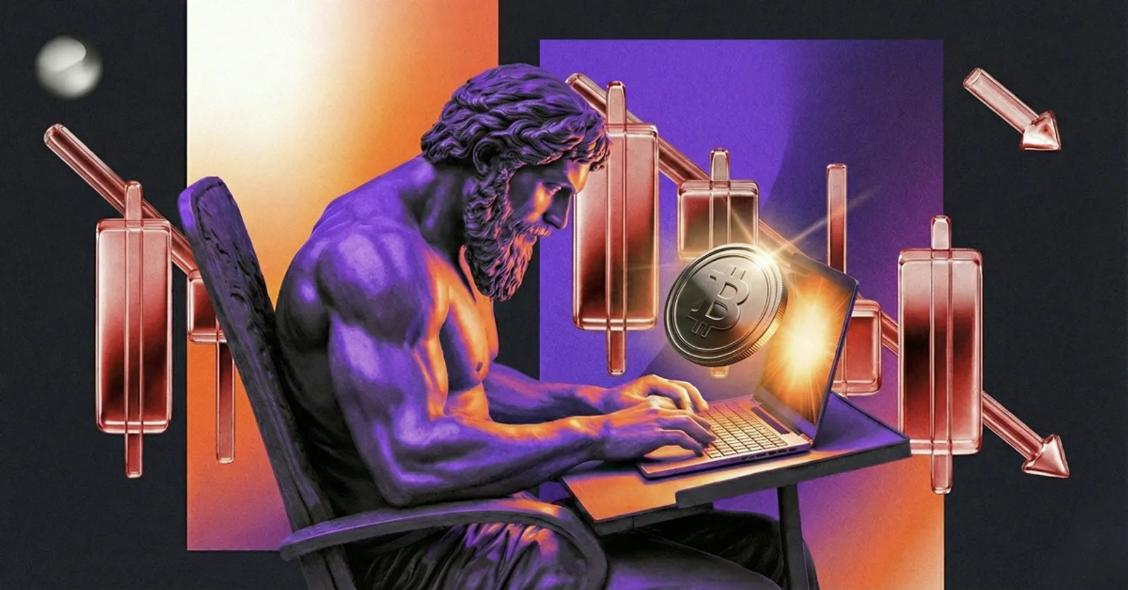 Trader statue at a laptop with a Bitcoin coin and falling candlestick charts on a purple and orange backdrop, illustrating active crypto trading during market volatility