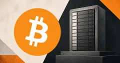 Large official orange Bitcoin logo beside a greyscale unbranded block-height counter on an off-white and charcoal editorial background.