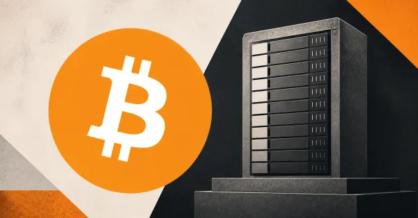 Large official orange Bitcoin logo beside a greyscale unbranded block-height counter on an off-white and charcoal editorial background.