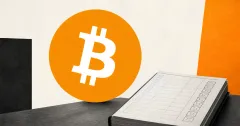 Large official orange Bitcoin logo beside a greyscale unbranded block-validation ledger on an off-white, charcoal and orange editorial background.