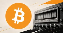 Large official orange Bitcoin logo beside a greyscale unbranded block-height control console on an off-white and orange editorial background.