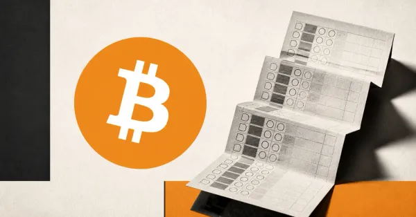 Large official orange Bitcoin logo beside a greyscale unbranded block-validation ledger on an off-white, charcoal and orange editorial background.