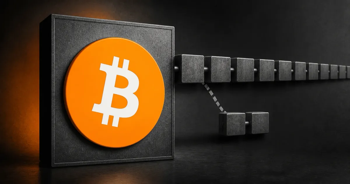 Large official orange Bitcoin logo on a charcoal plaque beside a greyscale unbranded split-chain ledger, with a long continuing row of blocks and a short stalled branch.