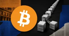 Large official orange Bitcoin logo beside a greyscale unbranded split blockchain ledger on a charcoal, orange and cobalt editorial background.