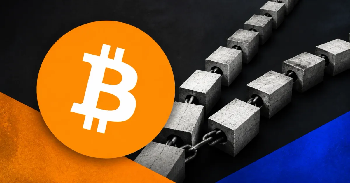 Large official orange Bitcoin logo beside a greyscale split chain of unbranded concrete blocks on charcoal, orange and cobalt editorial panels.