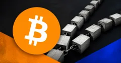 Large official orange Bitcoin logo beside a greyscale split chain of unbranded concrete blocks on charcoal, orange and cobalt editorial panels.