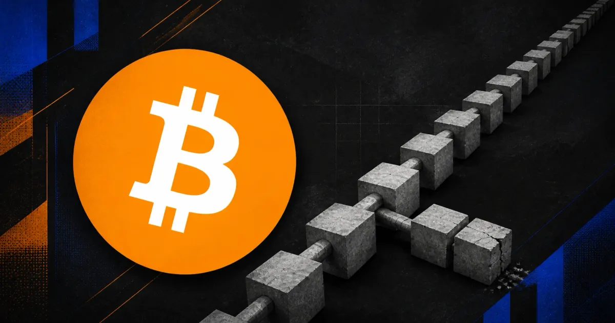 Large official orange Bitcoin logo beside a greyscale split chain of unbranded concrete blocks on charcoal, orange and cobalt editorial panels.