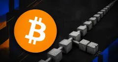 Large official orange Bitcoin logo beside a greyscale split chain of unbranded concrete blocks on charcoal, orange and cobalt editorial panels.