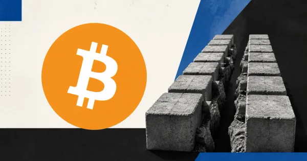 Large official orange Bitcoin logo beside a greyscale unbranded split chain of concrete blocks on off-white, charcoal and cobalt editorial panels.