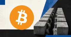 Large official orange Bitcoin logo beside a greyscale unbranded split chain of concrete blocks on off-white, charcoal and cobalt editorial panels.